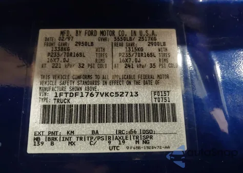 1997 Ford F-150 Lariat/Standard/Xl/Xlt z USA, uszkodzony, nr VIN 1FTDF1767VKC52713